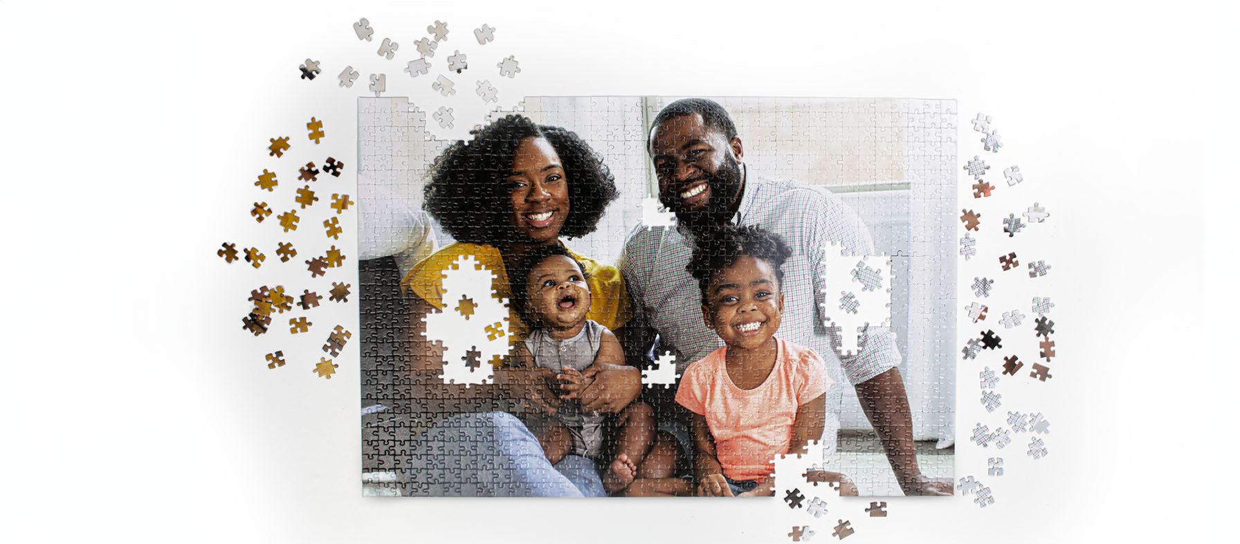 A custom puzzle depicting a family portrait of a husband and wife smiling with their children.